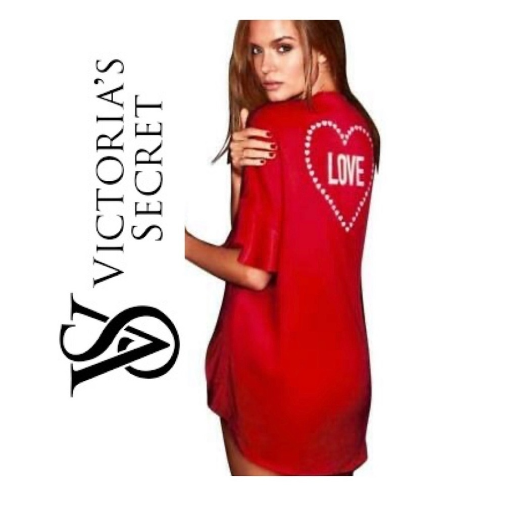 VICTORIA SECRET SATIN FLOUNCE KIMONO ROBE RUFFLE TIE ONE SIZE HEART LOVE RED